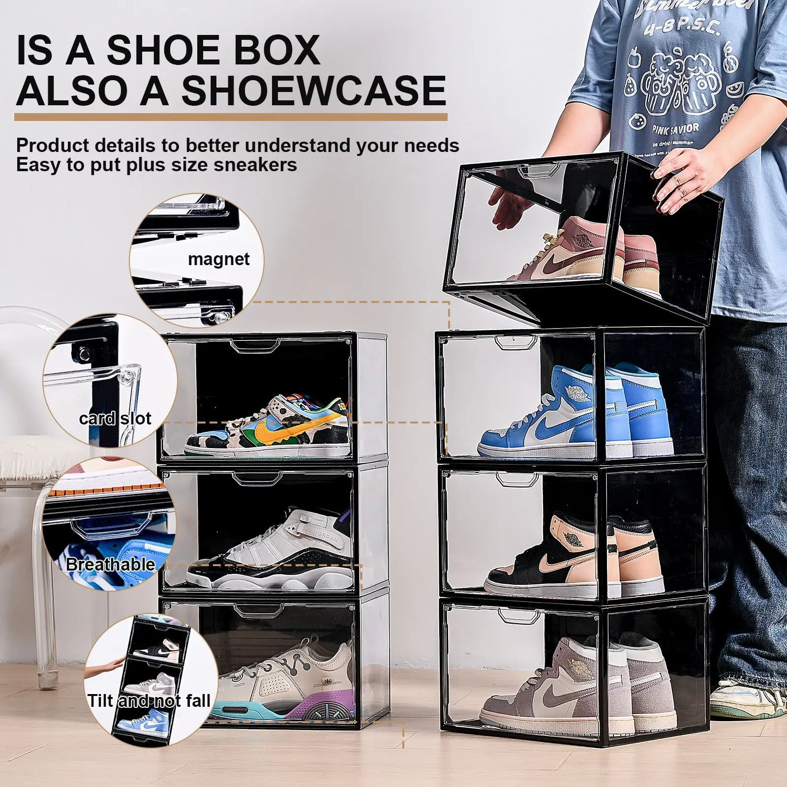 33.5*25*18cm Transparent Plastic Acrylic Shoe Box Square Foldable Anti-Oxidation Sneakers Storage Wall Cabinet with PP Plastic