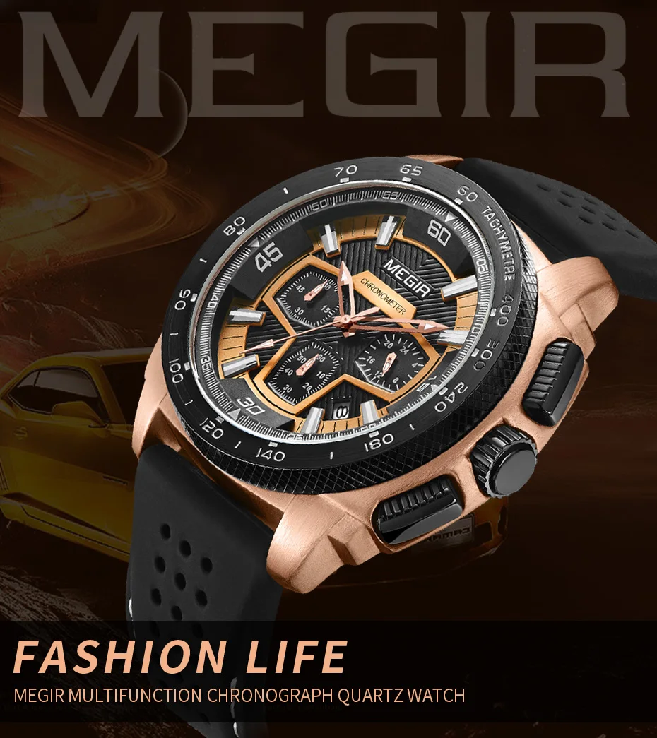 Megir 2056 Multi-function Chronograph Quartz Movement Luxury Black Men's Wristwatch Sports Silicone Fashion Watch Quartz Watches