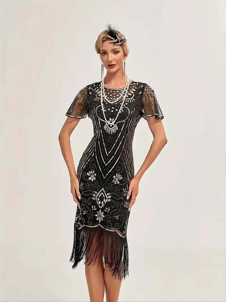 Plus Size Flapper Dresses 1920s Dresses for Women Crew Neck Great Gatsby  Dresses with Sleeve Roaring 20s Dress for Harlem Nights