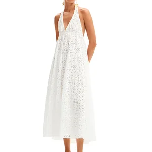 Holiday Style Dainty Eyelet Maxi Dress With Solid Long Plunging Halter A-line Women's Dresses