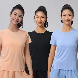 Custom Logo Women Summer Fitness Yoga T-Shirt Stretch Breathable Lightweight Running Top Quick Dry Workout Sports Short-Sleeved