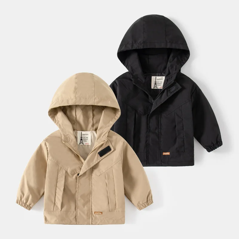 Khaki Trench Coat for Boys Solid Color Hooded Collar Zipper