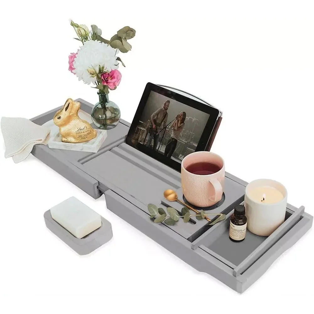 Luxury Gray Bamboo Bathtub Tray Adjustable and Tidy Expandable Bathroom Set