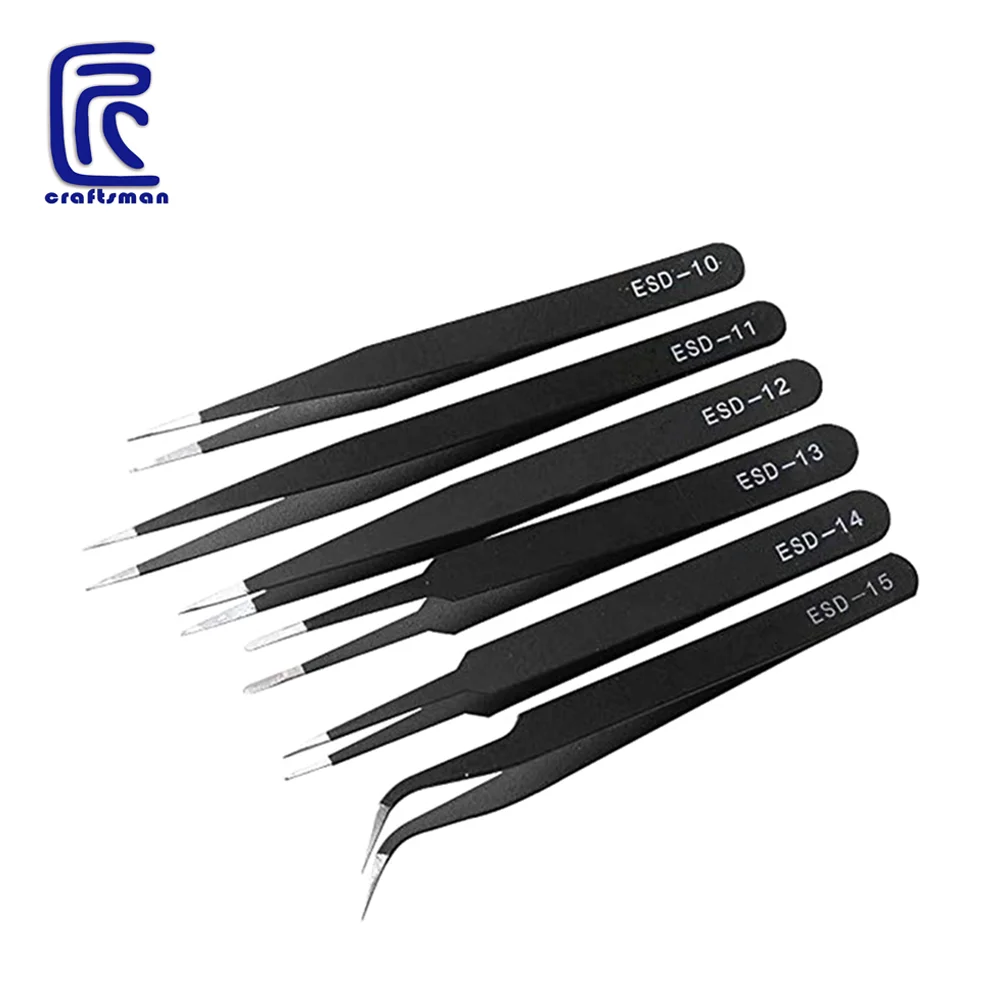 6pcs/lot Precision ESD Tweezers Stainless Steel Curved Anti Static Tweezer Pinzas Forceps Electronic Mobile Phone