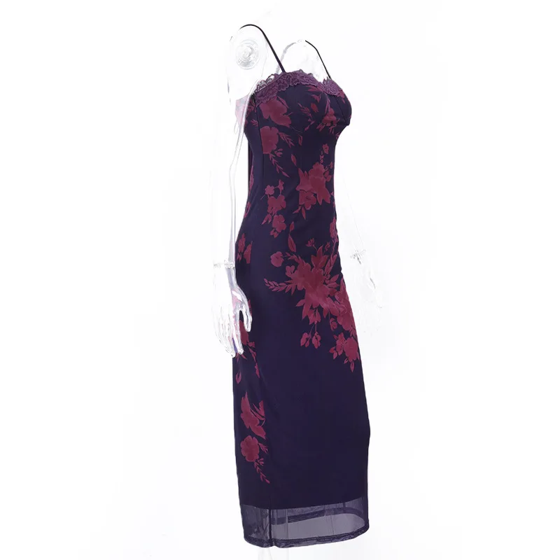 Spring 2025 Sexy Backless Lace Trimmed Retro Printed Slit Dress Lady Elegant Evening Dresses Dress Bulk Clothes Sexy