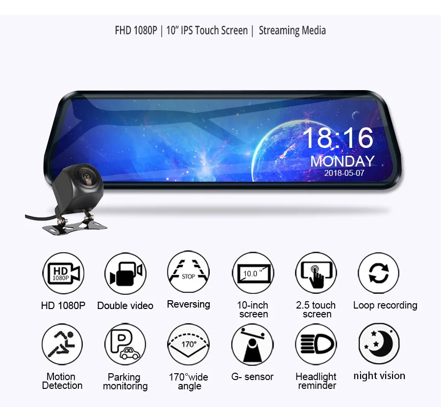 10 Inch Touch Screen Stream Media Car DVR Dash Cam Dual Lens Rear View ...