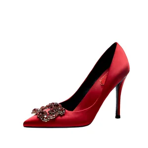 2026 New Red Satin Wedding Pumps for Women Square Buckle Rhinestone Banquet High Heels Stiletto Bride Pointed Shoes Thin Heels