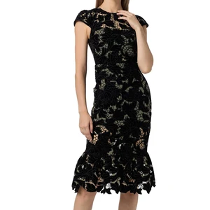 Wisrise Fashion Customize Design Women's Sexy Elegant Floral Pattern Short Sleeve Lace Trim Ruffled Hem Midi Dress