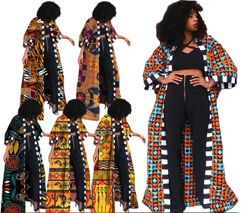 2021 New Arrival fall Slash neck printing short sleeves cardigan Jacket coat African ethnic style women's trench long coats
