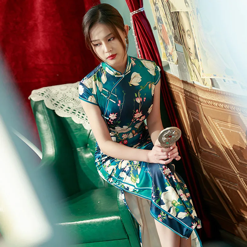 chinese dress green Pink Green Embroidered Modern Qi Pao Cheongsam Maxi Dress main image 0