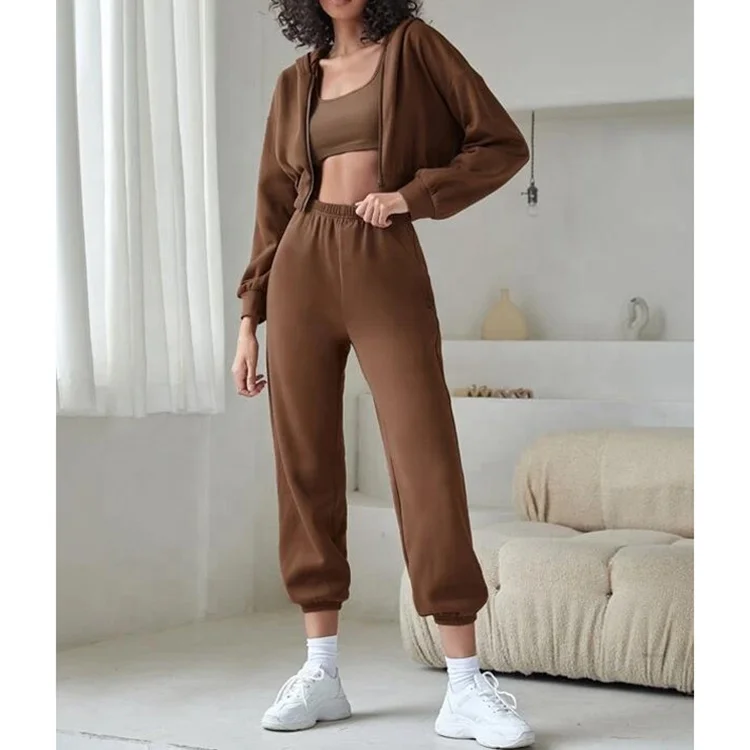 F230100 Custom Hoodies Solid Color Custom 3 Piece Crop Top Jogger Set 2025 Three Piece Zipper Hoodie Set Lounge Wear Sets Women