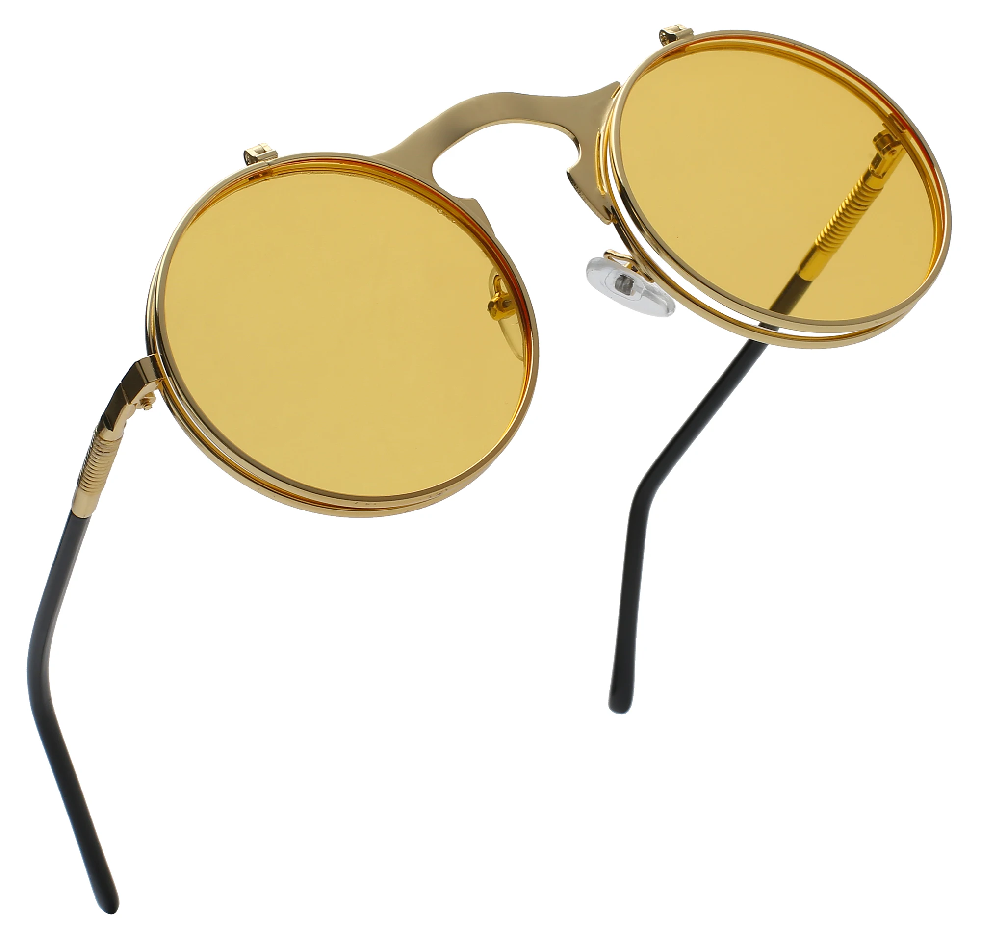 Classic Flip up Double Lens Metal Punk Glasses Round Steampunk Flip up Clip Vintage Sunglasses