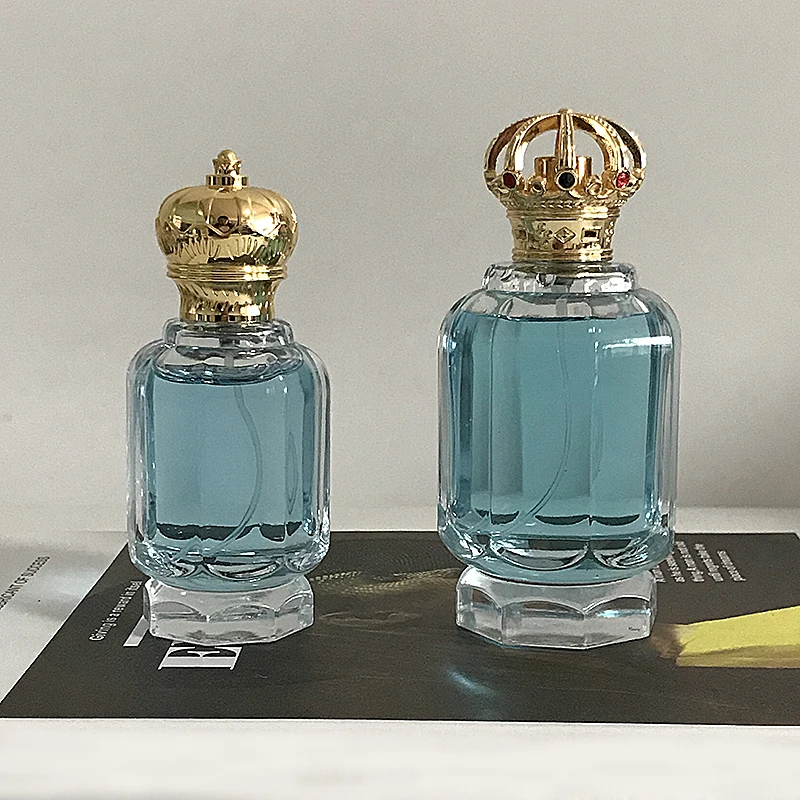 Luxury 50ml 100ml Polygon clear Empty Thick Bottom Dubai Perfume Glass Bottle  with Crimp Sprayer Crown Zamac Lid