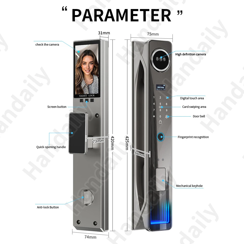 HanDaily Video Intercom 3D Face Authentication Fingerprint Door Lock Easy to Install Tuya Smart Lock Smart Home Products H26