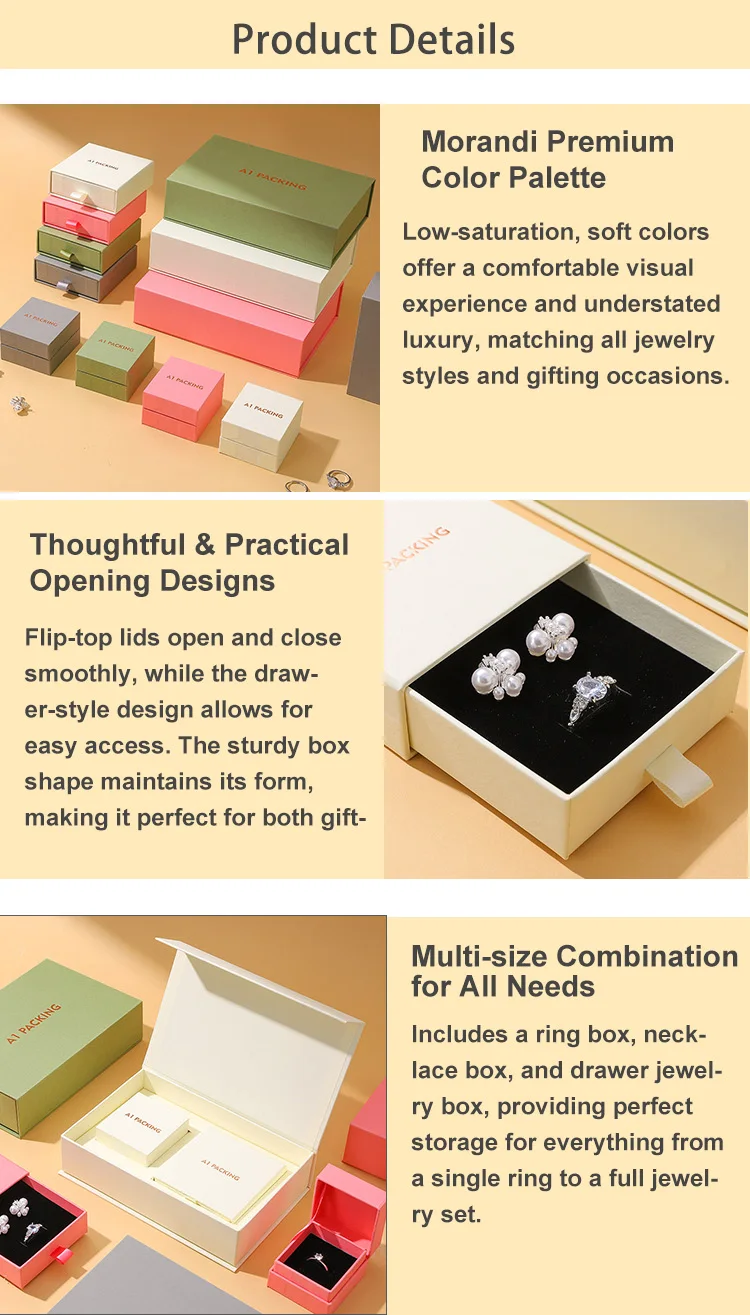 Premium Square Magnetic Snap Closure Cardboard Jewelry Box Drawer Box Set Custom Jewelry Earrings Necklace Storage Book Shaped details