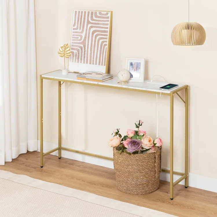 Console Table with Power Station, Industrial Style Entryway Table, Behind Sofa Table with Outlets and USB Ports for Entryway