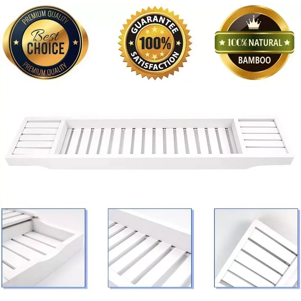 product white bamboo bathtub storage box tray bathroom sets with bathtub tablet stand modern rack for bath accessories-9
