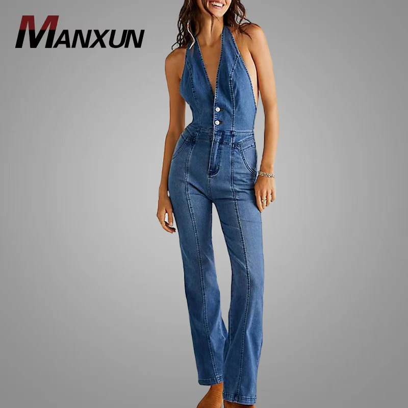 Combinaison Longue En Jean Pour Femme - Dos Nu, Jambes Larges, Taille Haute, Style Décontracté, Pour été, Sorties
