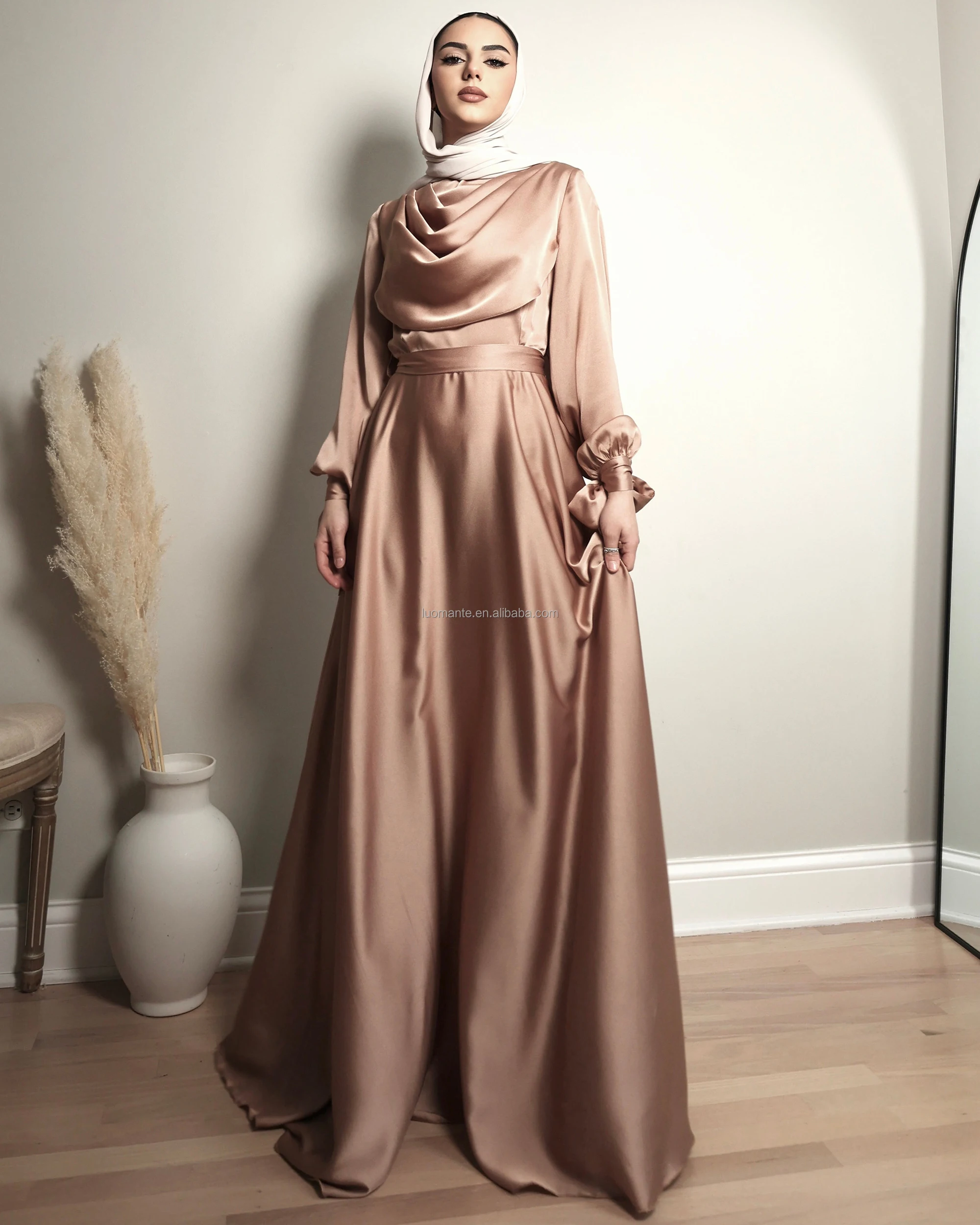 Custom Islamic Muslim Satin Dresses Women Lady Elegant Modest Bridesmaid  Dresses Beige Modest Dress