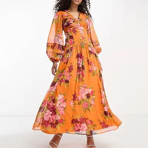 Hot Sales Women's V-neck Pleated Front Button Through Pintuck Lace Inserts Orange Floral Maxi Dress