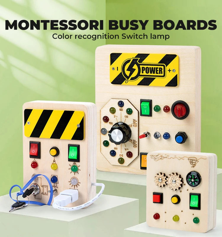 Soli Montessori Busy Board for Toddlers Wooden Sensory Toys for Toddlers with Light Up LED Buttons Pluggable Wires Baby Gifts
