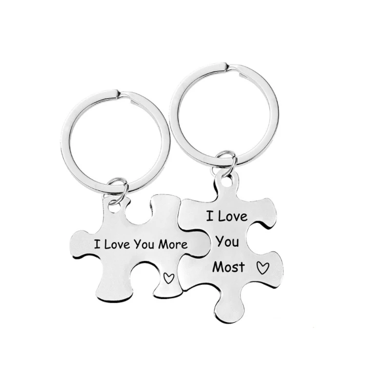 Stainless Steel Jigsaw Puzzle Piece Keychain I Love You More I Love You Most Couple Keychain For