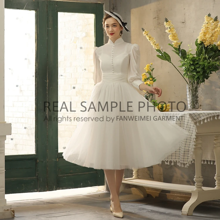 Audrey Hepburn Vintage Chic Wedding Gown  Long Sleeve Chiffon Tea Length  Bridal Dress for Elegant Brides