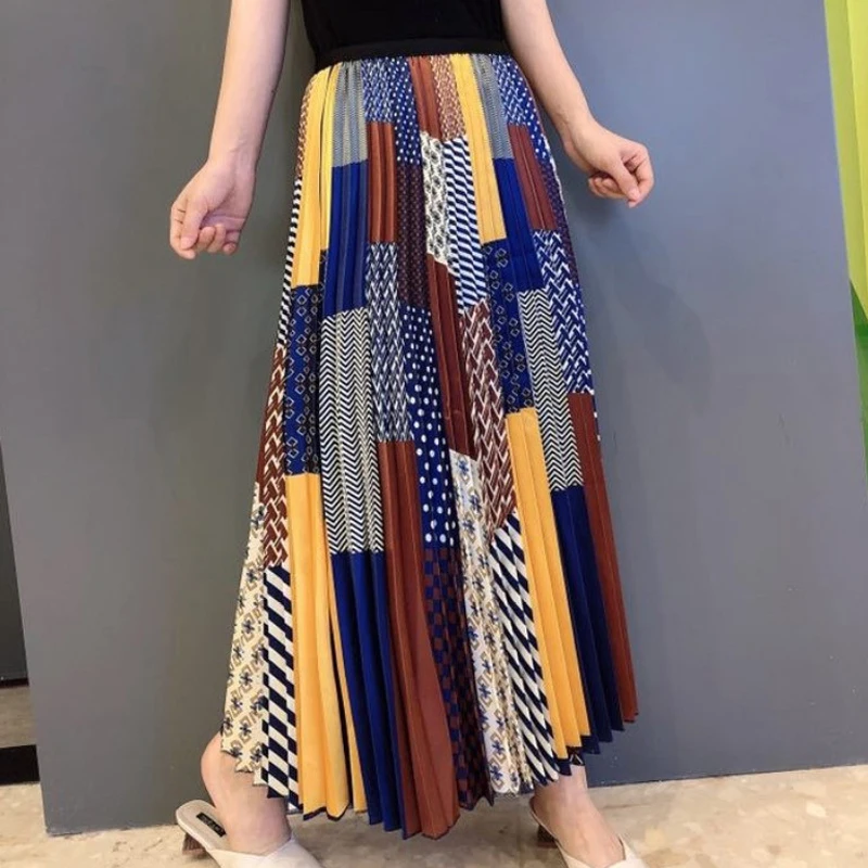 Indie Folk Printed Summer Pleated Skirts Women 2025 High Waist European  Floral High Stretch Midi Skirt Party Holiday Rok S-3XL