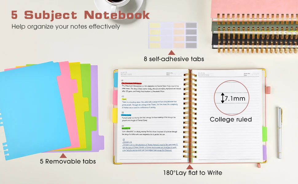 Green Large B5 Leather Hardcover Spiral Notebook 300 Page College Ruled Journal Removable Dividers Tabs 5 Subjects for College