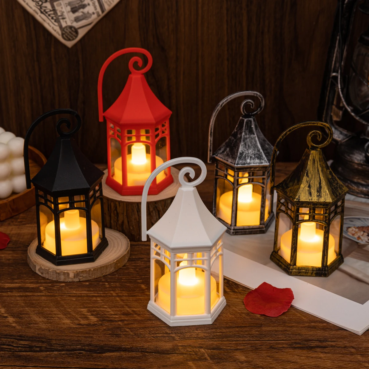 product retro church hexagonal wind light plastic flameless led candle wind light halloween festival retro home decoration light-32