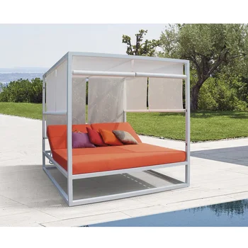 Modern Hotel Pool Beach Furniture White Aluminum Frame Outdoor Double Daybed With Curtains