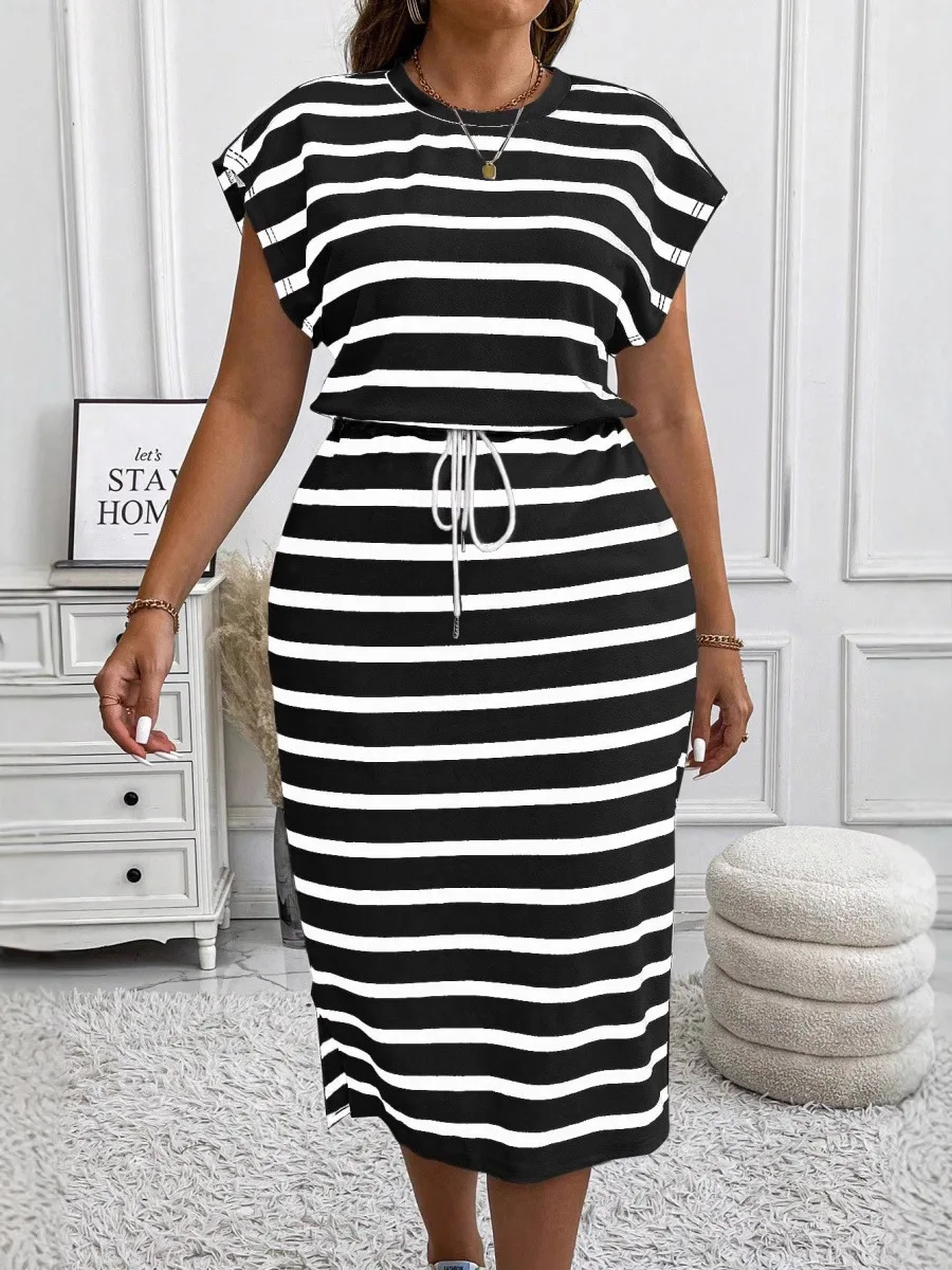 2025 European and American Summer Round Neck Stripe Printed Short Sleeved Large Size Dress