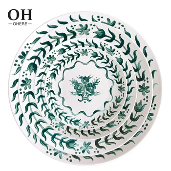 Green Flower Ceramic Dinnerware Set Bone China Dinner Plate Microwave Available Wedding Event Rental Ceramic Decor Charger Plate