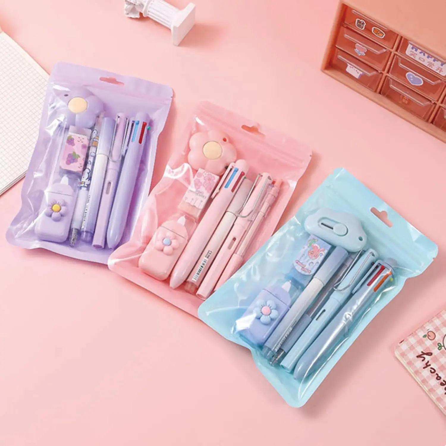 Kit Fournitures Scolaires Kit Scolaire Kawaii - Trousse, Stylos, Autocollants, Surligneur & Accessoires - Cadeau Parfait Pour Écoliers Fourniture Scolaire Kawaii