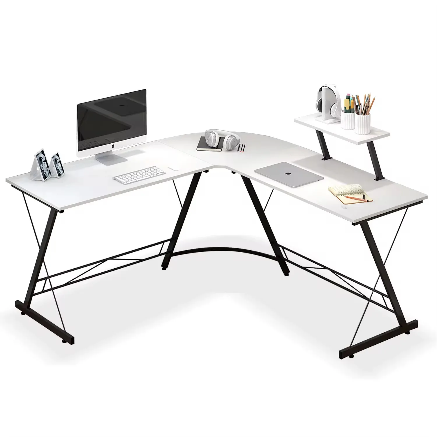 Factory Custom Mobile Wooden Laptop Computer Table Top L Shaped Desks with Round Corner Space-Saving for Home Office