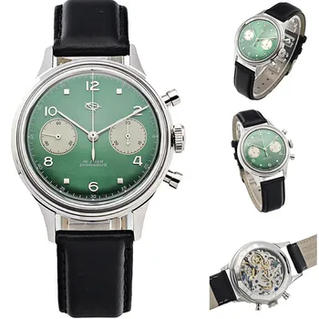 38mm Green Face Men 1963 Pilot Chronograph Wristwatch ST19 Hand Wind Movement Military Mechanical Watch With Gooseneck