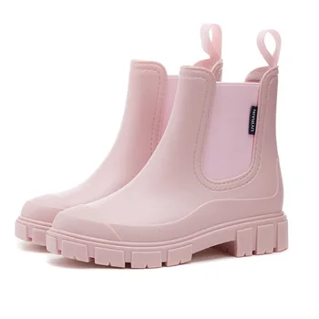 Women's New Style Waterproof Chelsea Boots Elastic Mouth Ankle Mid Top Rain Shoes Non-Slip for Indoor Outdoor