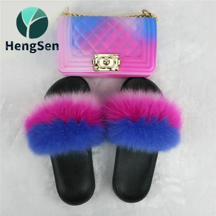 rainbow fur slides with purse