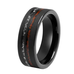 8mm  Hot Selling Flat Sandblasted Tungsten Ring with Crushed Meteorite and Dinosaur Bone Inlay Black Tungsten Men Wedding Band