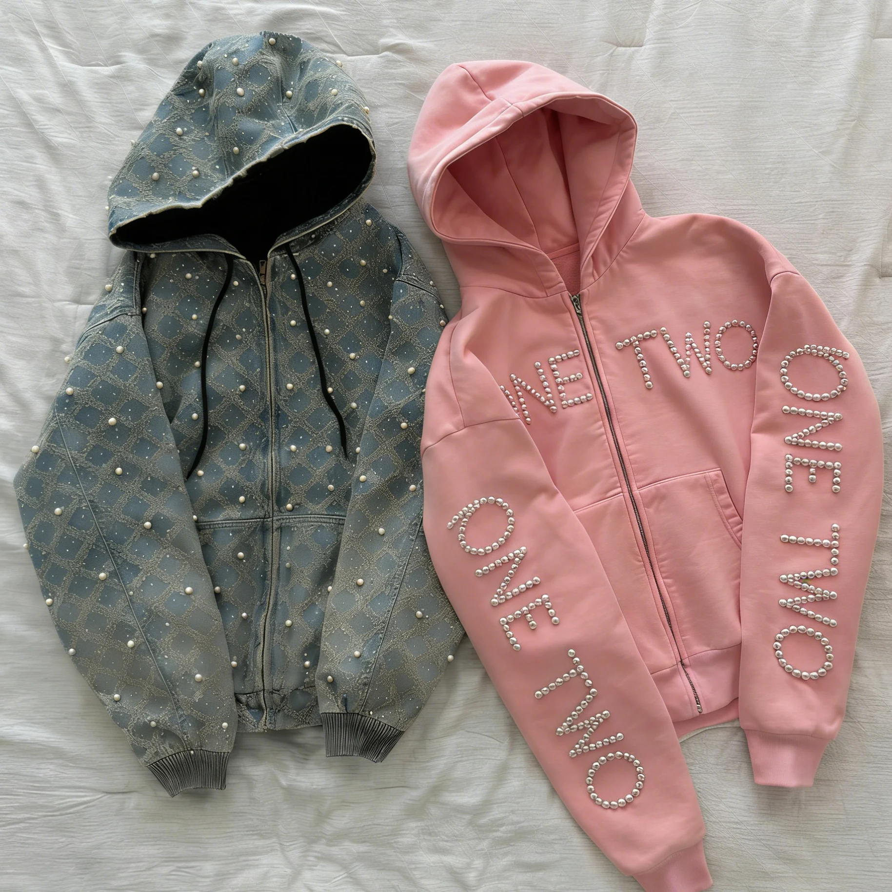 Custom Zip up Wash Duck Canvas Hoodie Glitter Bling Rhinestone Print Vintage Detroit Worker Work Workwear Jean Denim Jacket Men