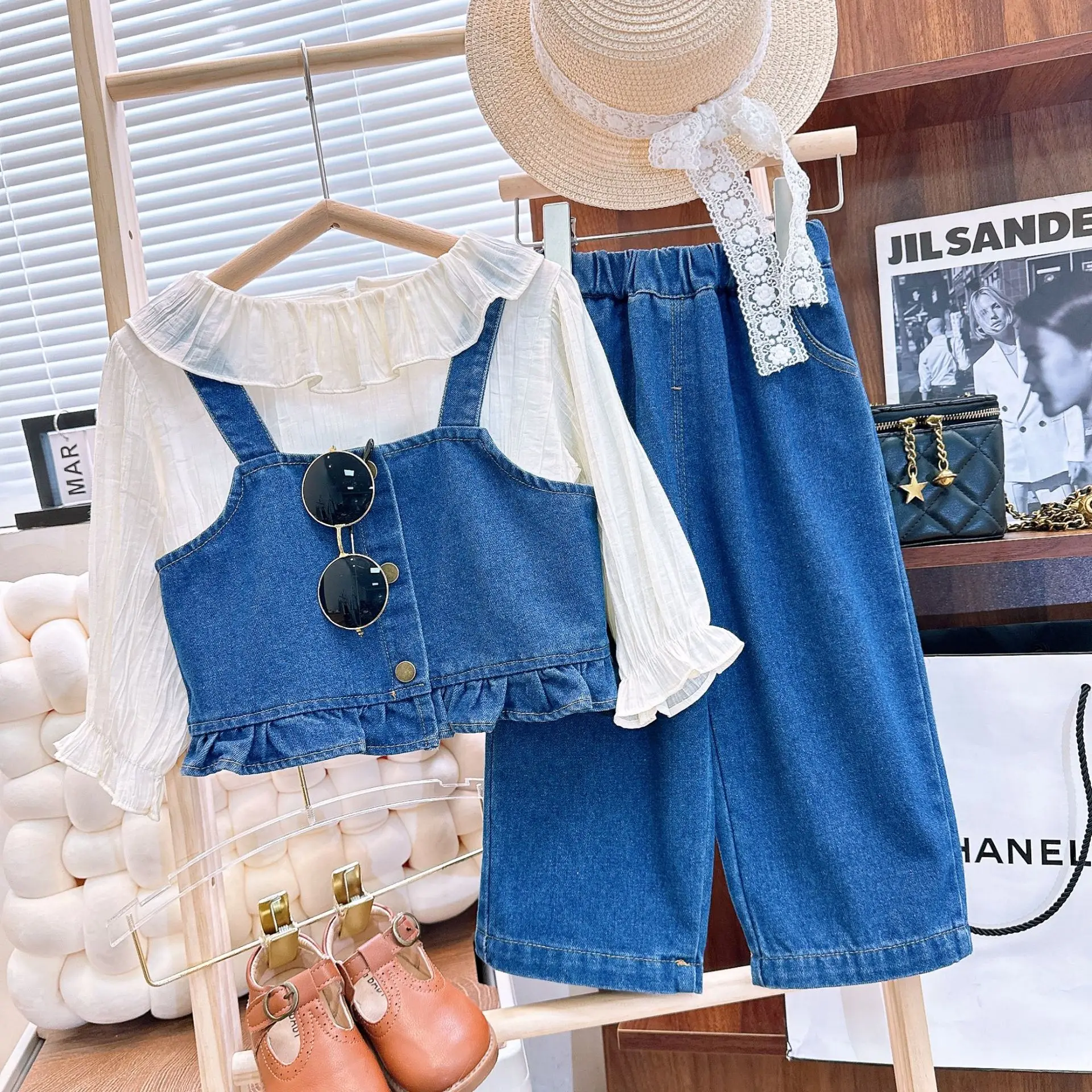 2024 New Girl Pieces Clothing Set Spring Round Neck Long Sleeve Dress  Ripped Jeans Kids Outfit Denim Top Set Girls Ages 2-7