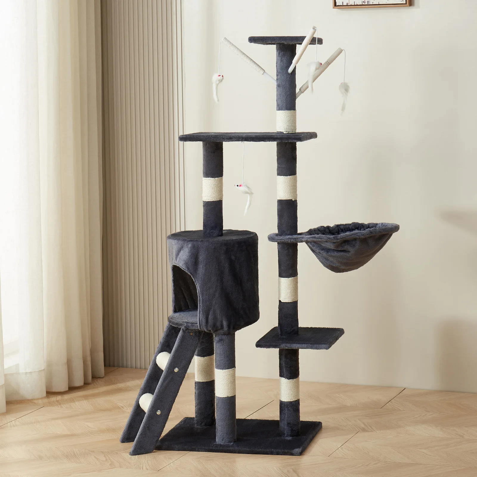 Cat Scratching Activity Tree Wall Mounted Scratch Post for Large Cats Kittens with Cat Bed