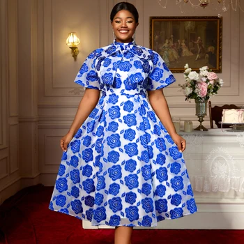 AM050421 Stand Collar Bow Short Puff Sleeve Jacquard Blue a Line Midi Casual Dress Women Lady Elegant