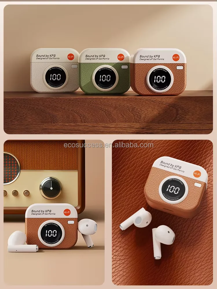 Q86 Retro Camera Leather Grain New Design Wireless Earbuds In-Ear Earphones With Screen Digital Display and Gaming Low Latency