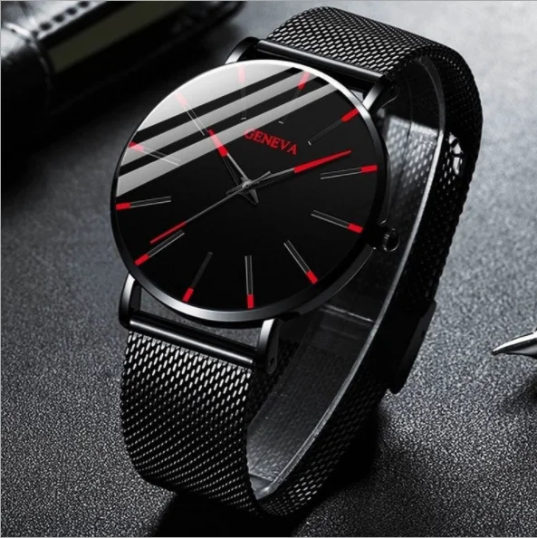 Orologio Uomo Ultra Sottile Minimalista - Cinturino In Maglia Acciaio Inox, Quadrante Nero, Impermeabile, Unisex