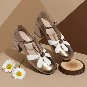 New Arrival Wholesale Lace-up T-Strap Fashion Trend Square Heel Flower Leather Pumps Shoes Comfortable