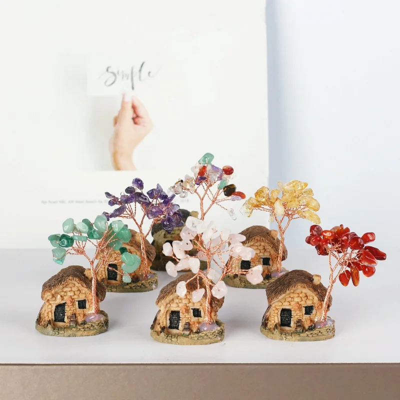 Натуральное Хрустальное дерево для рукоделия, 2 дюйма, Рождественский розовый кварц, драгоценный камень, бонсай, медное дерево для денег с кристаллами удачи