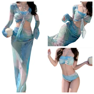 Women's Bandeau Swimsuit Sexy Bikini Set Four-Piece Bikini Pure Desire with Cover up UV Protection Long-Sleeve Dress for Summer