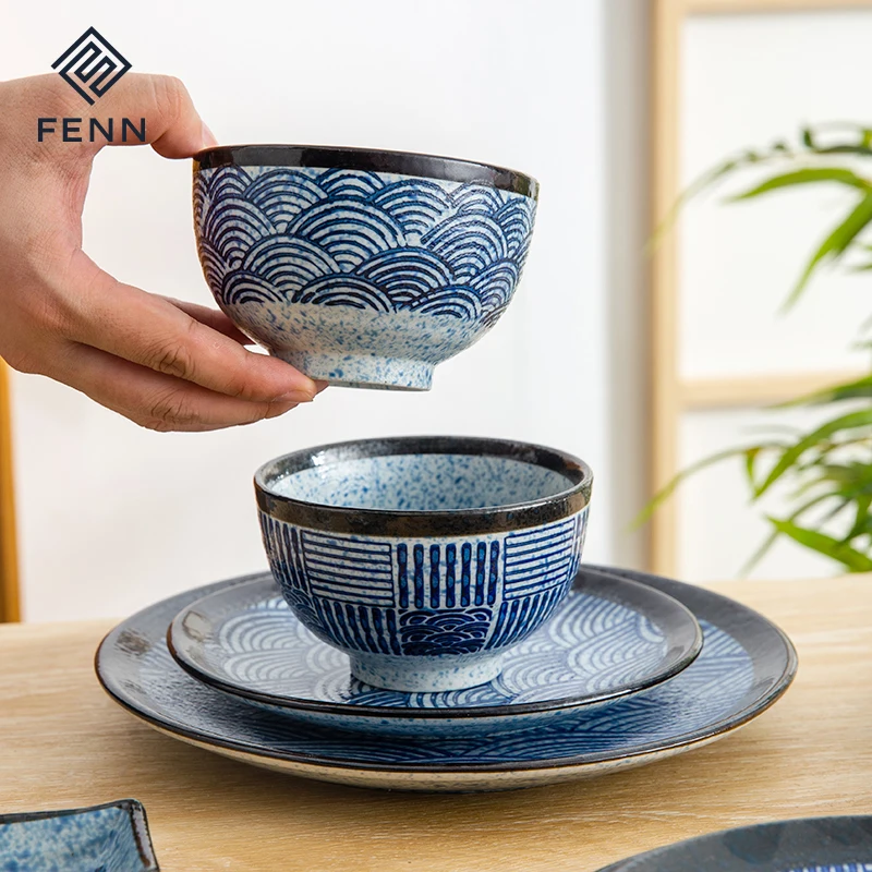 FENN Handpainted Sea Wave 4.5 inch Vintage Japadic Restaurant Ceramic Miso Soup Bowl Set Japanese Rice Bowl