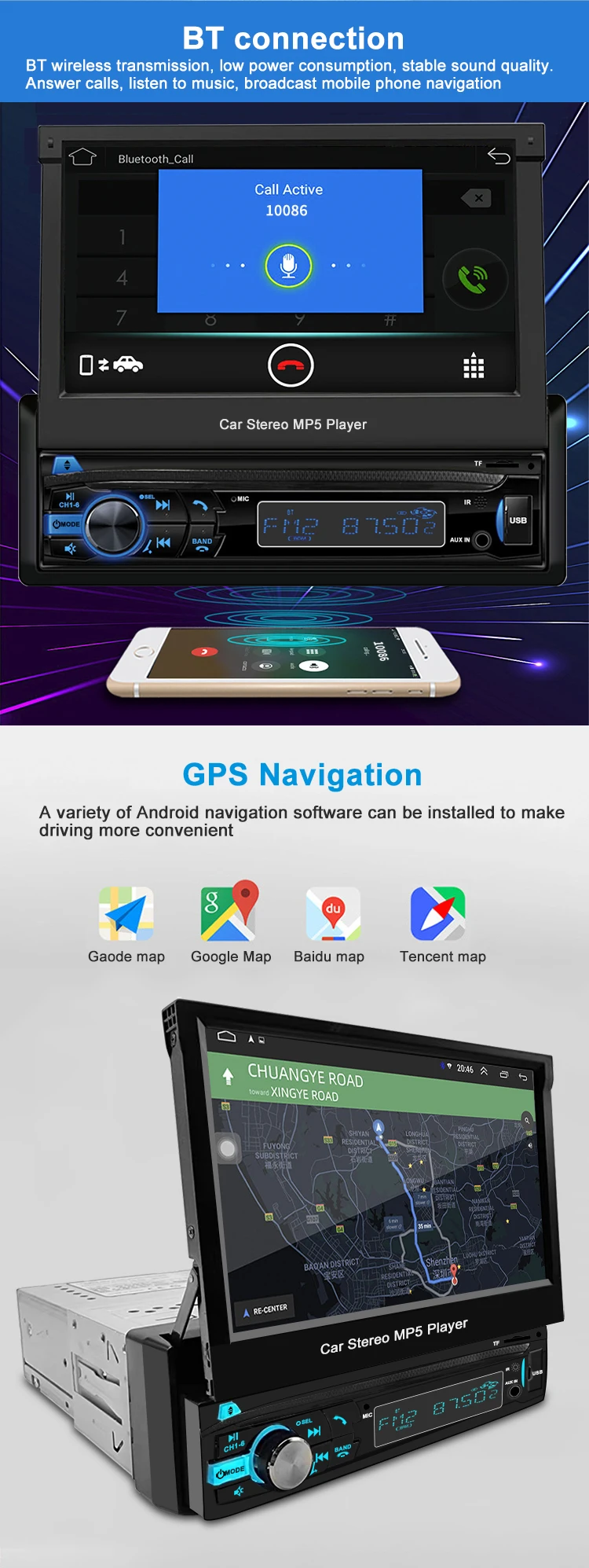 7" Full Touch Screen Car Audio Mp5 Player Car Tv Video Monitor With Bt